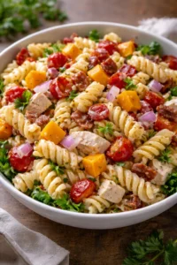 A vibrant club sandwich pasta salad with colorful ingredients and dressing.