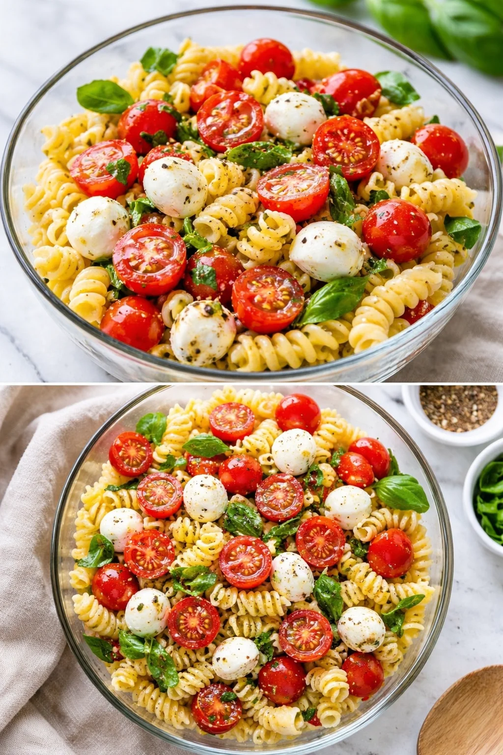 Colorful Caprese Pasta Salad with tomatoes, mozzarella, and fresh basil