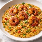 Creamy Cajun shrimp pasta with orzo, garnished with herbs and spices.