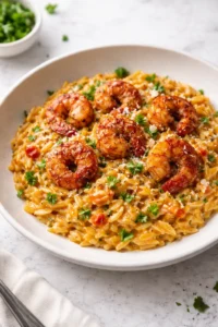 Creamy Cajun shrimp pasta with orzo, garnished with herbs and spices.