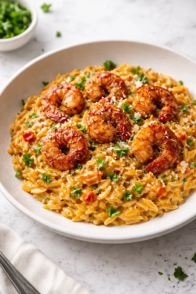 Creamy Cajun shrimp pasta with orzo, garnished with herbs and spices.
