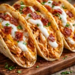 Creamy cheddar ranch chicken tacos served on a plate with toppings