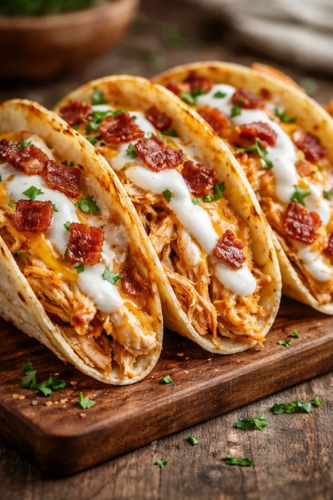 Creamy cheddar ranch chicken tacos served on a plate with toppings