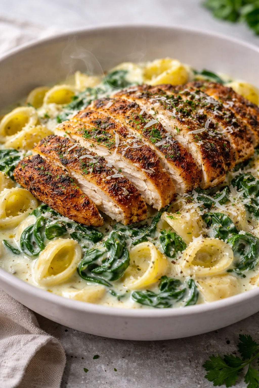 Creamy garlic parmesan pasta with fresh herbs and grated cheese