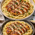 Creamy garlic butter chicken pasta garnished with fresh herbs in a bowl