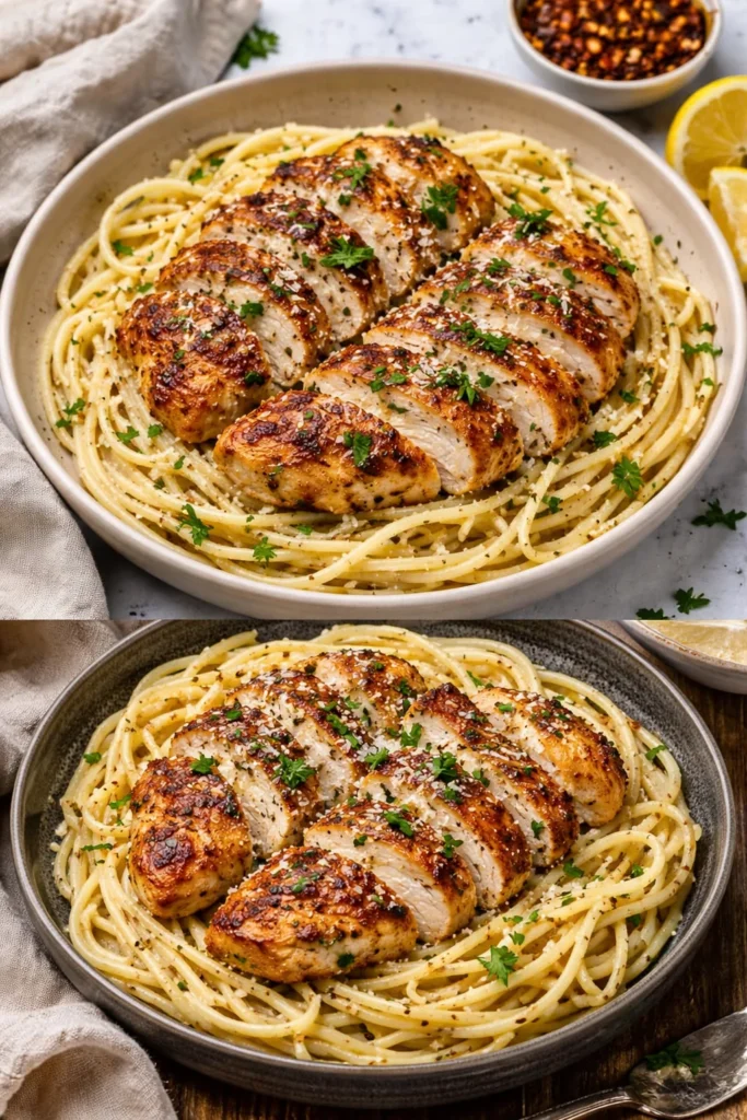 Creamy garlic butter chicken pasta garnished with fresh herbs in a bowl