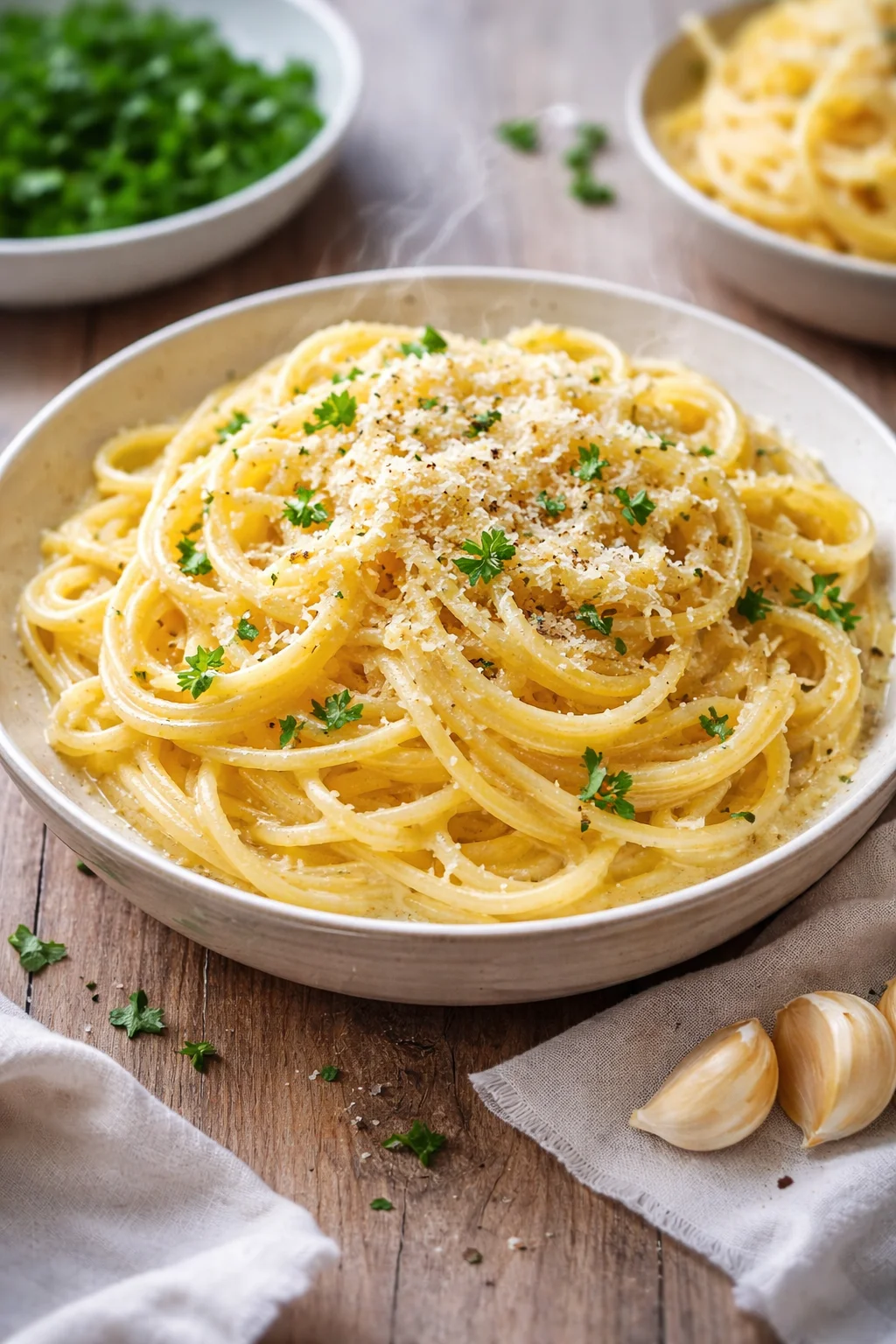 Creamy garlic butter pasta garnished with herbs in a delicious bowl