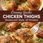 Creamy garlic chicken thighs served with fresh herbs and vegetables