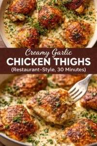 Creamy garlic chicken thighs served with fresh herbs and vegetables