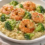 Creamy orzo shrimp dish with broccoli served in a bowl.