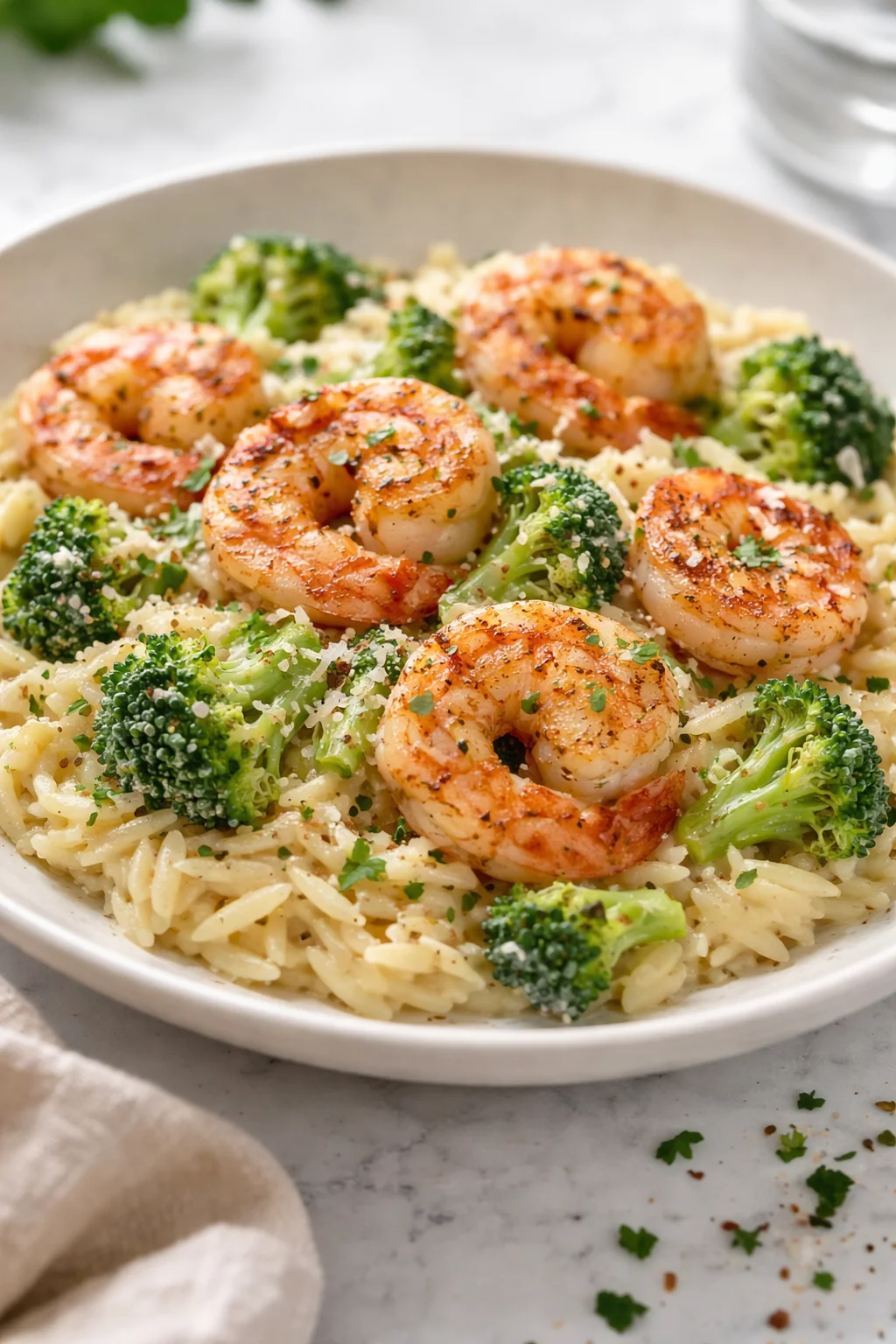 Creamy orzo shrimp dish with broccoli served in a bowl.
