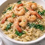 Creamy Parmesan Shrimp Orzo served in a bowl with shrimp and herbs