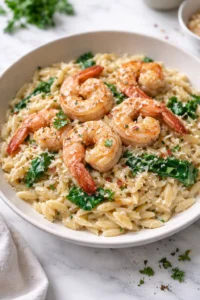 Creamy Parmesan Shrimp Orzo served in a bowl with shrimp and herbs
