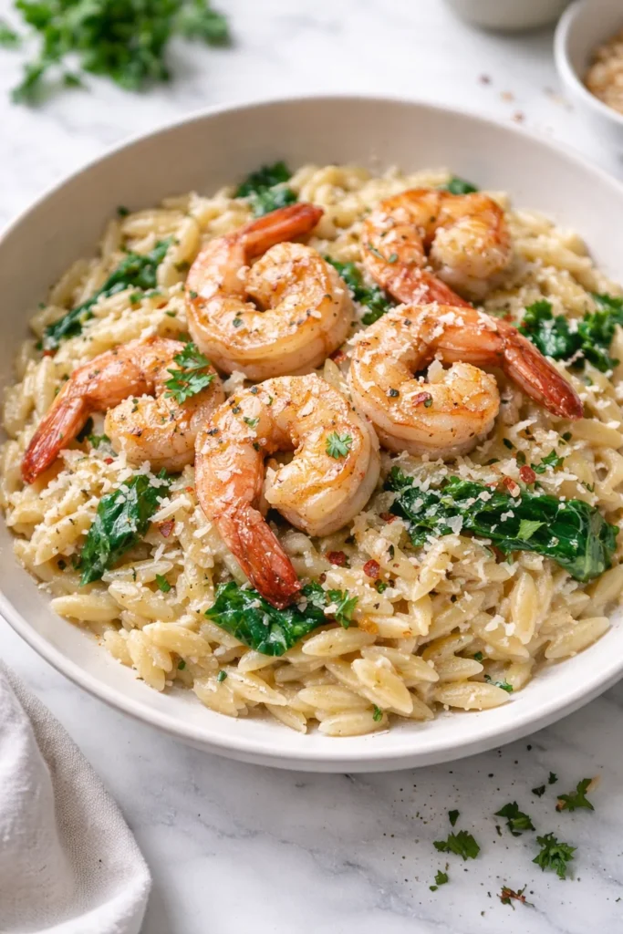 Creamy Parmesan Shrimp Orzo served in a bowl with shrimp and herbs