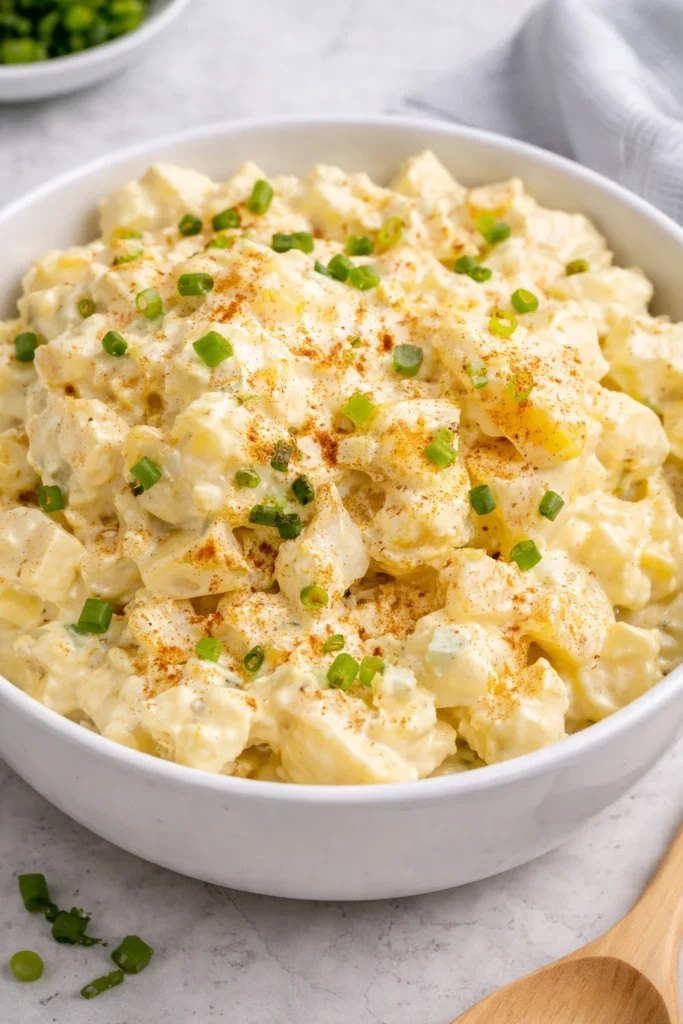 Bowl of creamy potato salad with herbs and vegetables