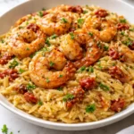 Creamy shrimp and sun-dried tomato orzo served in a bowl