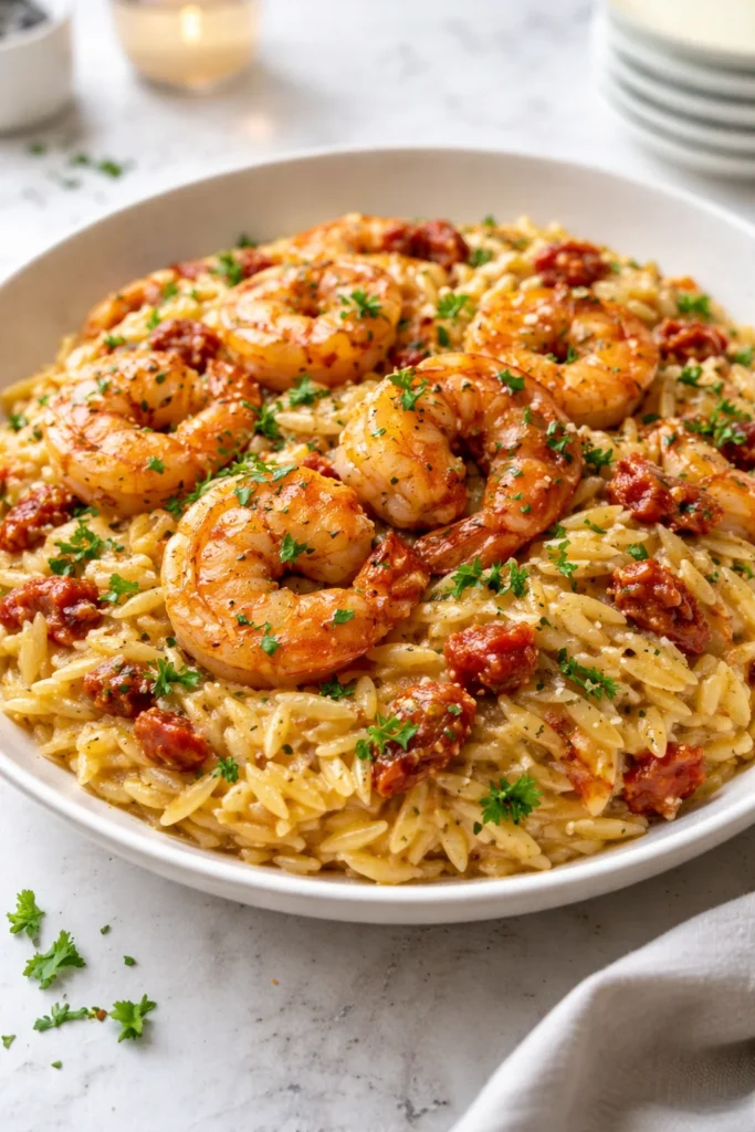 Creamy shrimp and sun-dried tomato orzo served in a bowl