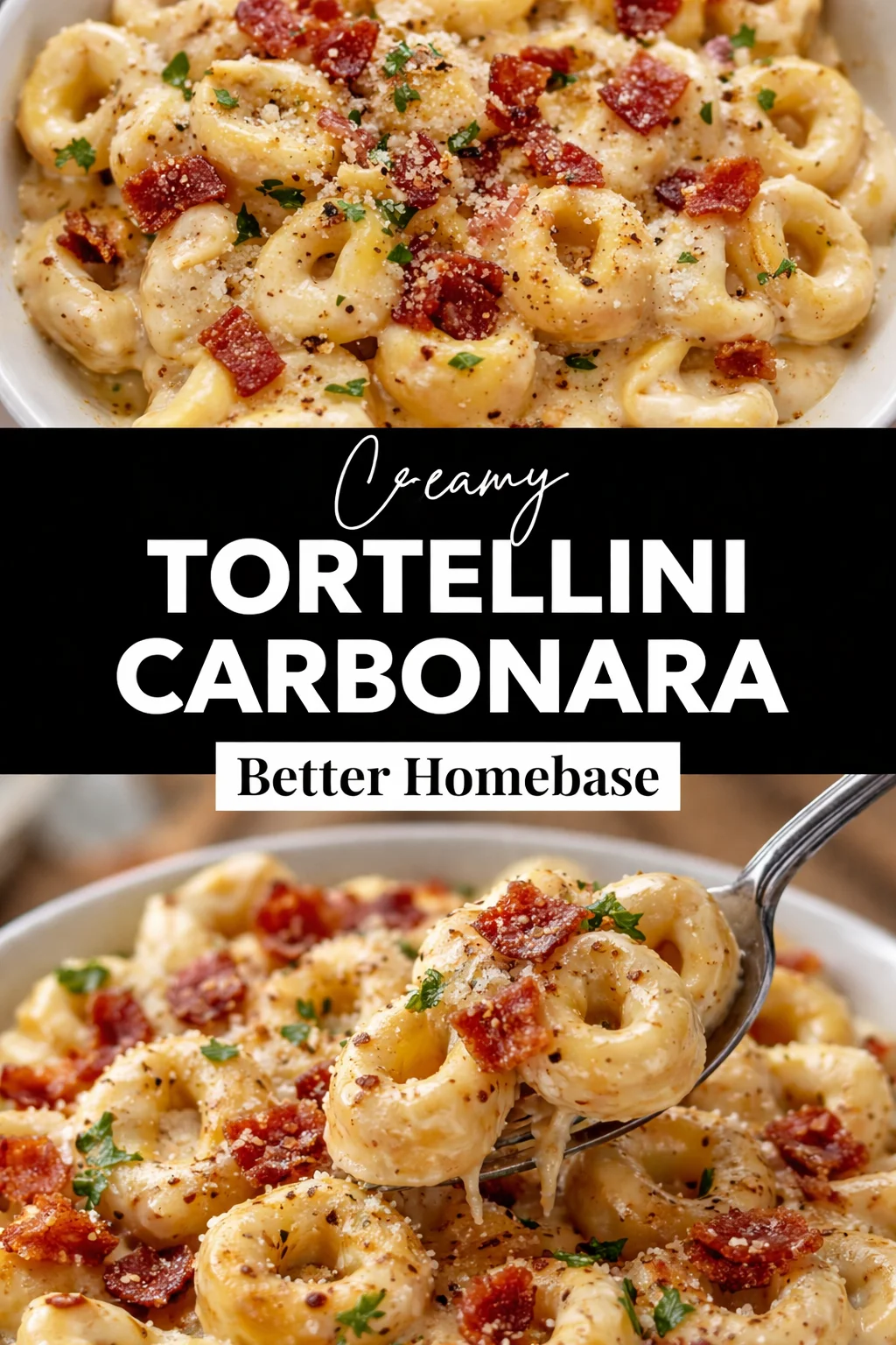 Creamy tortellini carbonara served in a white bowl with parsley garnish