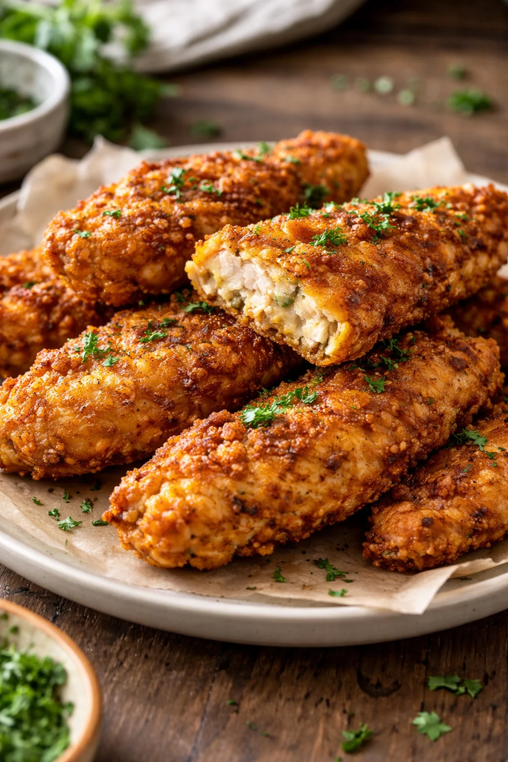 Crispy air fryer chicken tenders served with dipping sauce