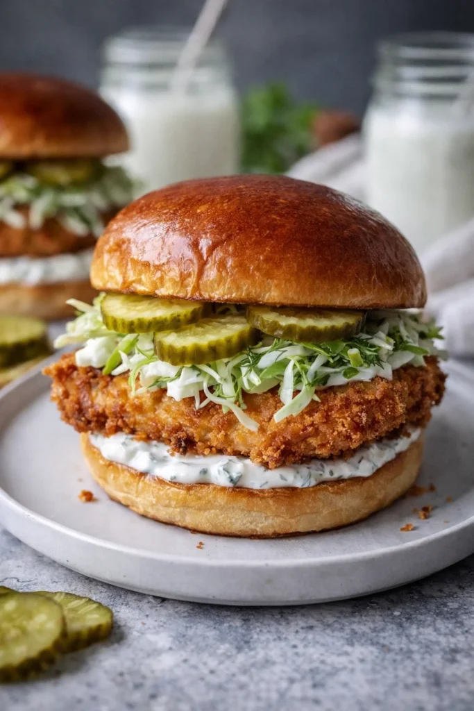 Crispy dill chicken sandwich with fresh dill and toppings.