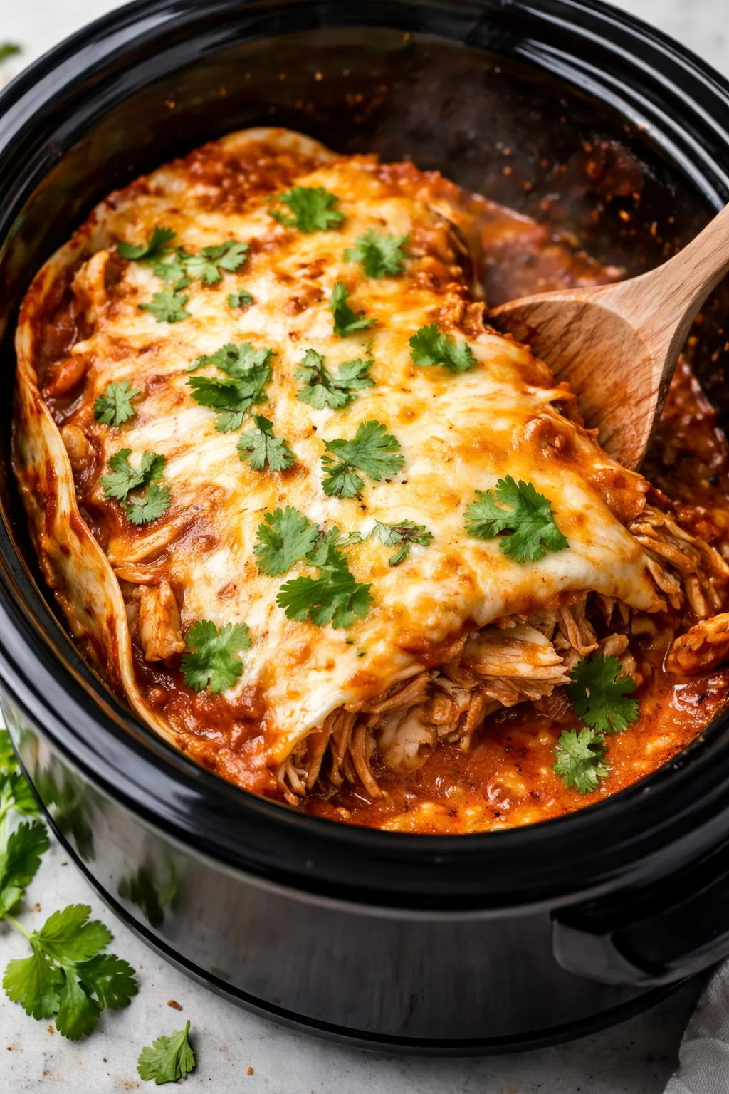 Delicious crockpot chicken enchiladas served with toppings