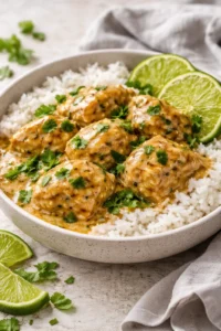 Crockpot Coconut Lime Chicken served with fresh lime and coconut garnish.