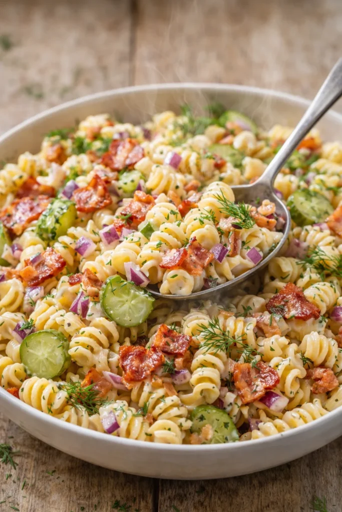 Delicious Dill Pickle Bacon Pasta Salad served in a bowl with fresh ingredients.