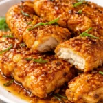 Crispy double crunch honey garlic chicken breasts on a serving platter.