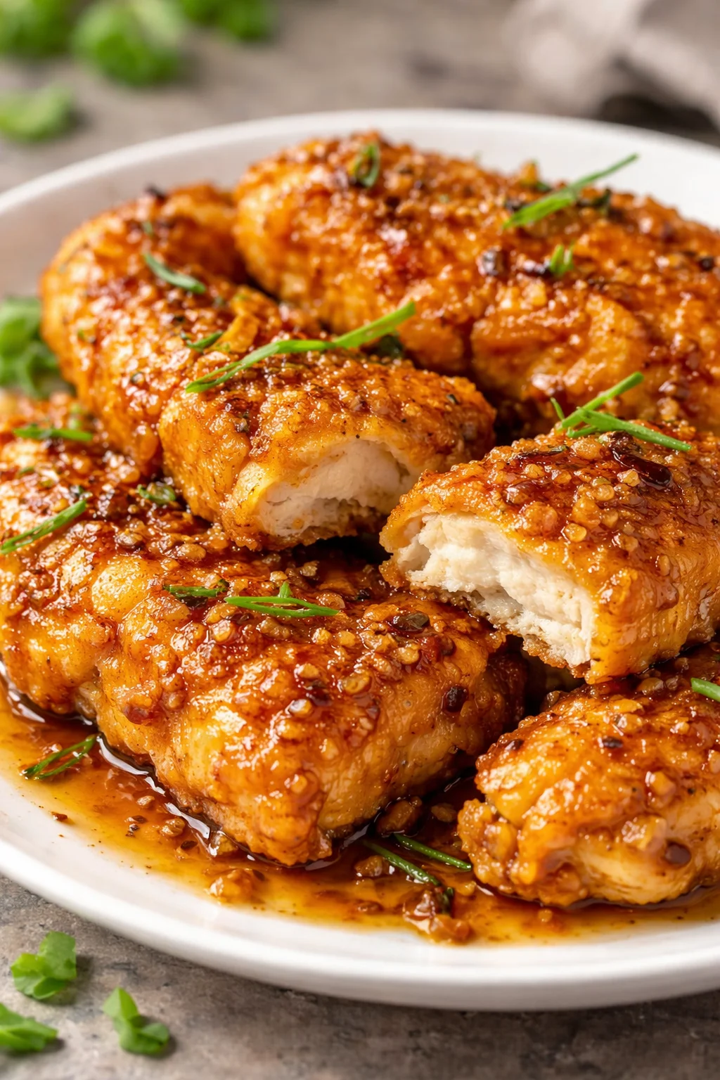 Crispy double crunch honey garlic chicken breasts on a serving platter.