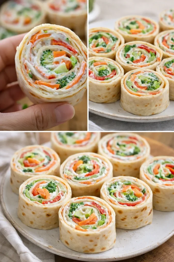 Fresh vegetable tortilla roll ups filled with colorful veggies and wrapped in tortillas.