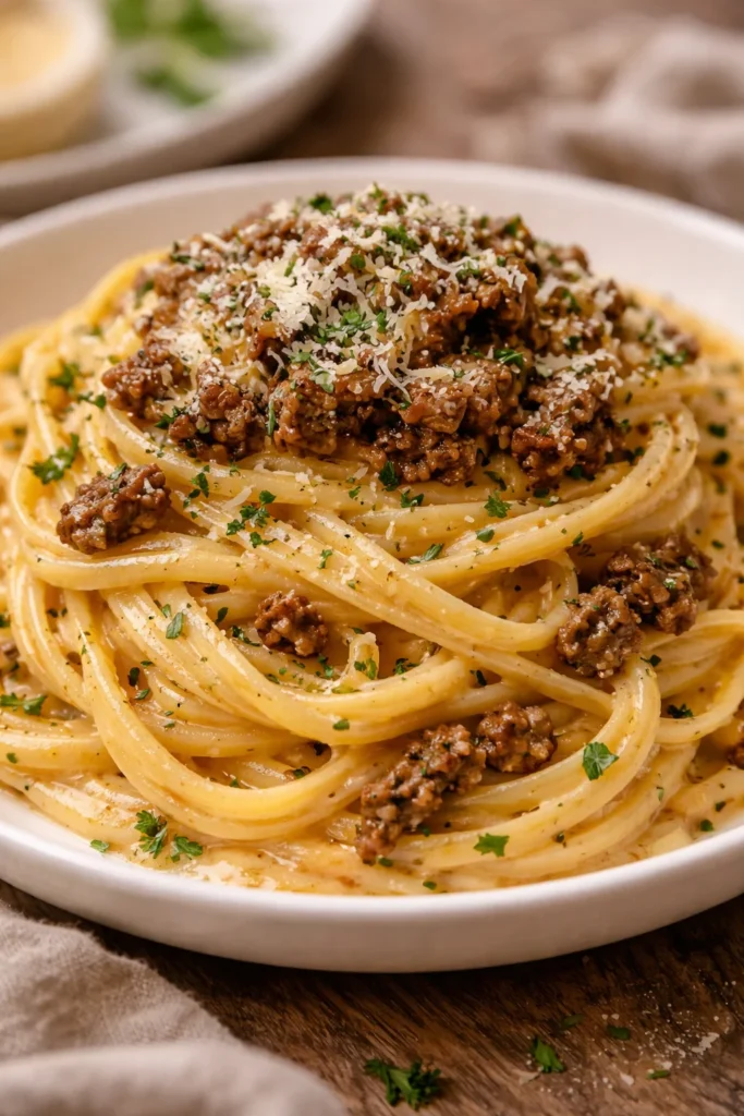 Delicious garlic butter parmesan beef linguine in rich cream sauce