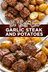 Delicious Garlic Steak Bites served with seasoned potatoes