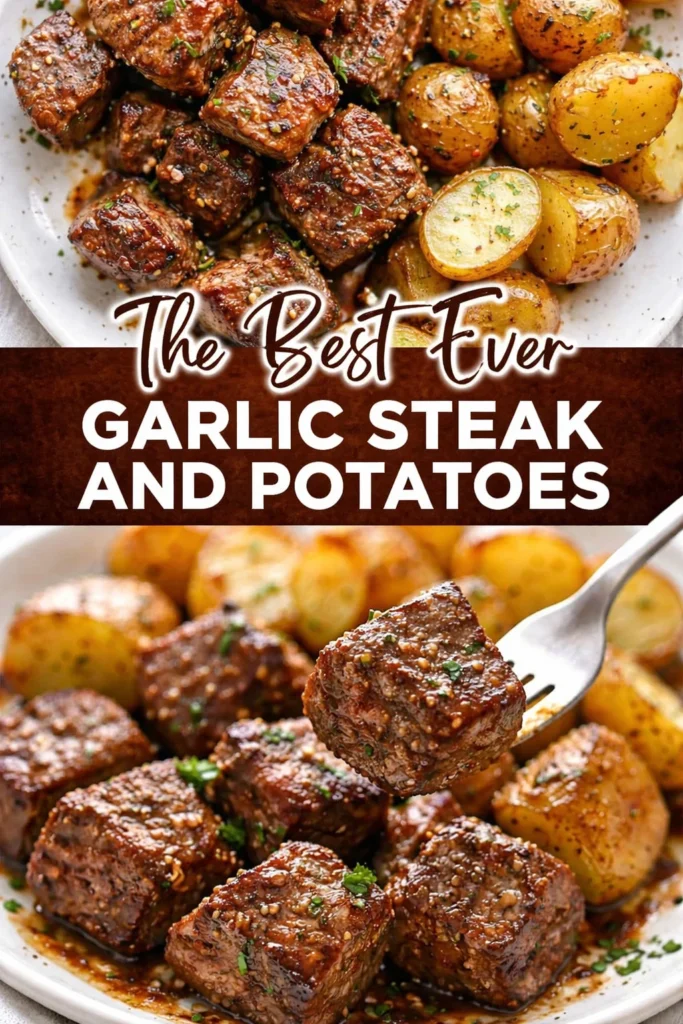 Delicious Garlic Steak Bites served with seasoned potatoes