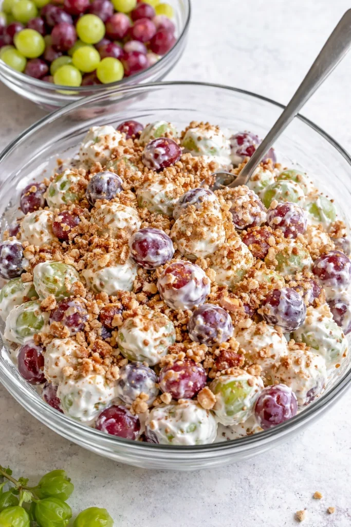 A vibrant grape salad with mixed fruits and a creamy dressing on a white plate.