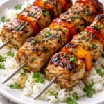 Greek Marinated Chicken Kabobs skewers ready for grilling
