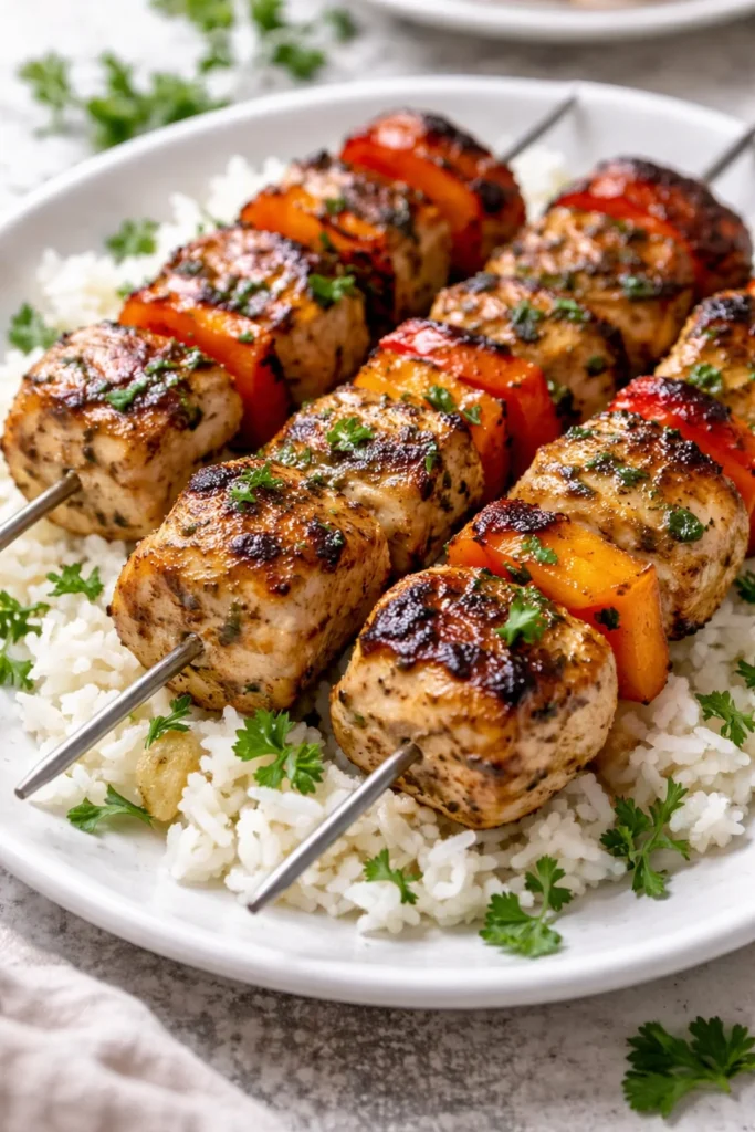 Greek Marinated Chicken Kabobs skewers ready for grilling