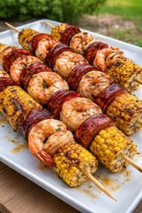 A platter of grilled seafood skewers featuring shrimp, fish, and vegetables.