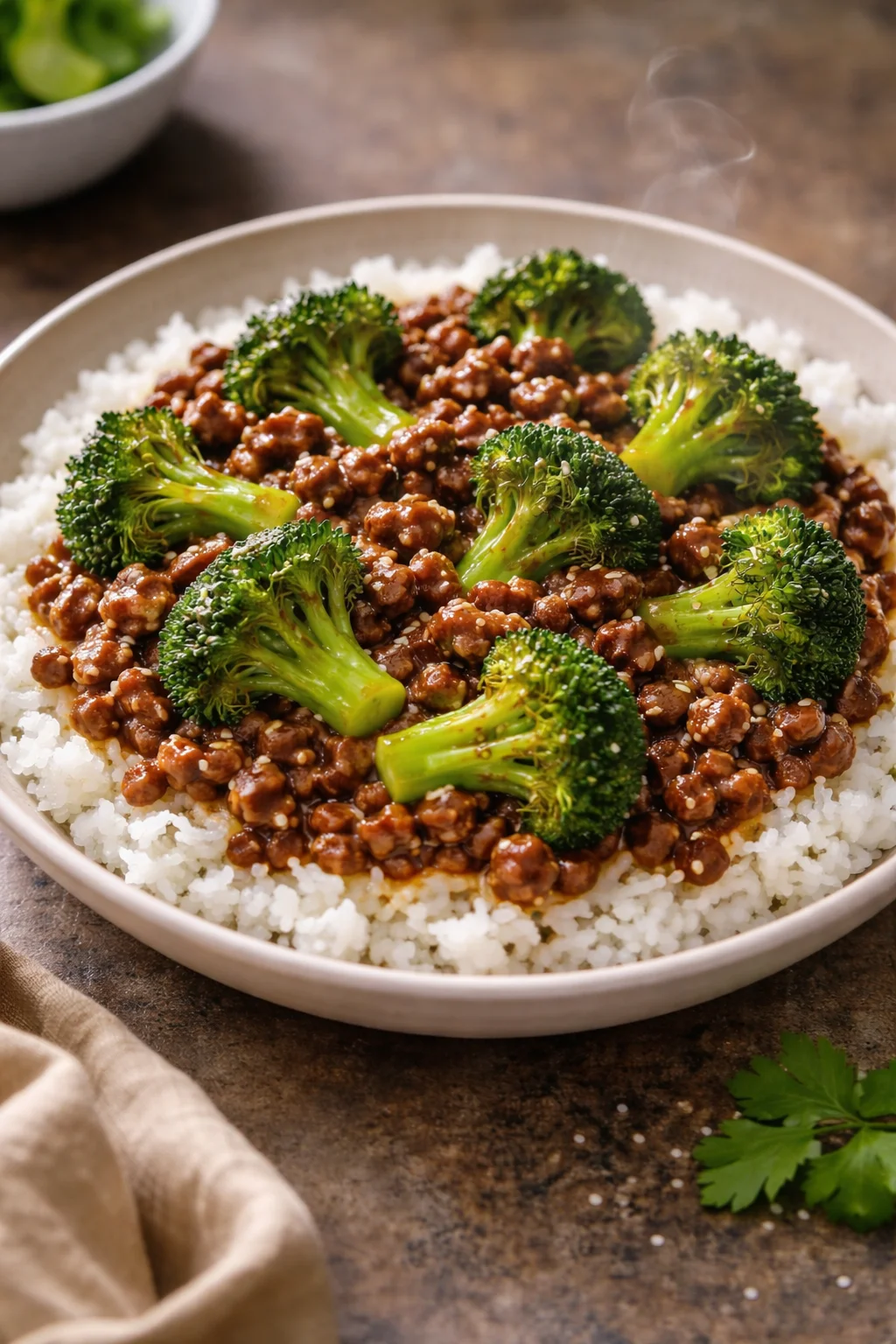 Stir-fried ground beef with broccoli and sauce in a skillet