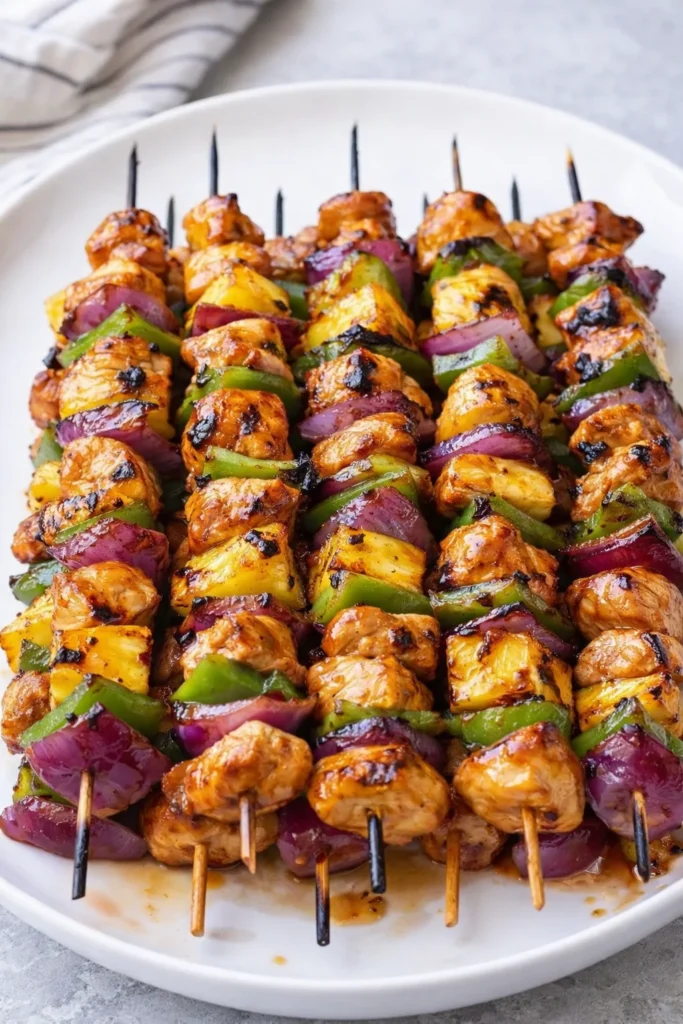 Delicious Hawaiian Chicken Kebabs grilled with fresh pineapple and bell peppers.