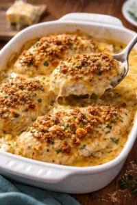 Delicious Swiss Chicken Casserole with creamy sauce and herbs.