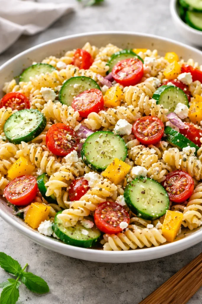 High Protein Greek Pasta Salad with fresh vegetables and herbs