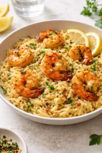 Plate of vibrant shrimp orzo topped with lemon garlic sauce