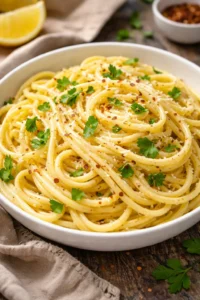 Lemon pasta with butter garlic sauce in a bowl garnished with herbs