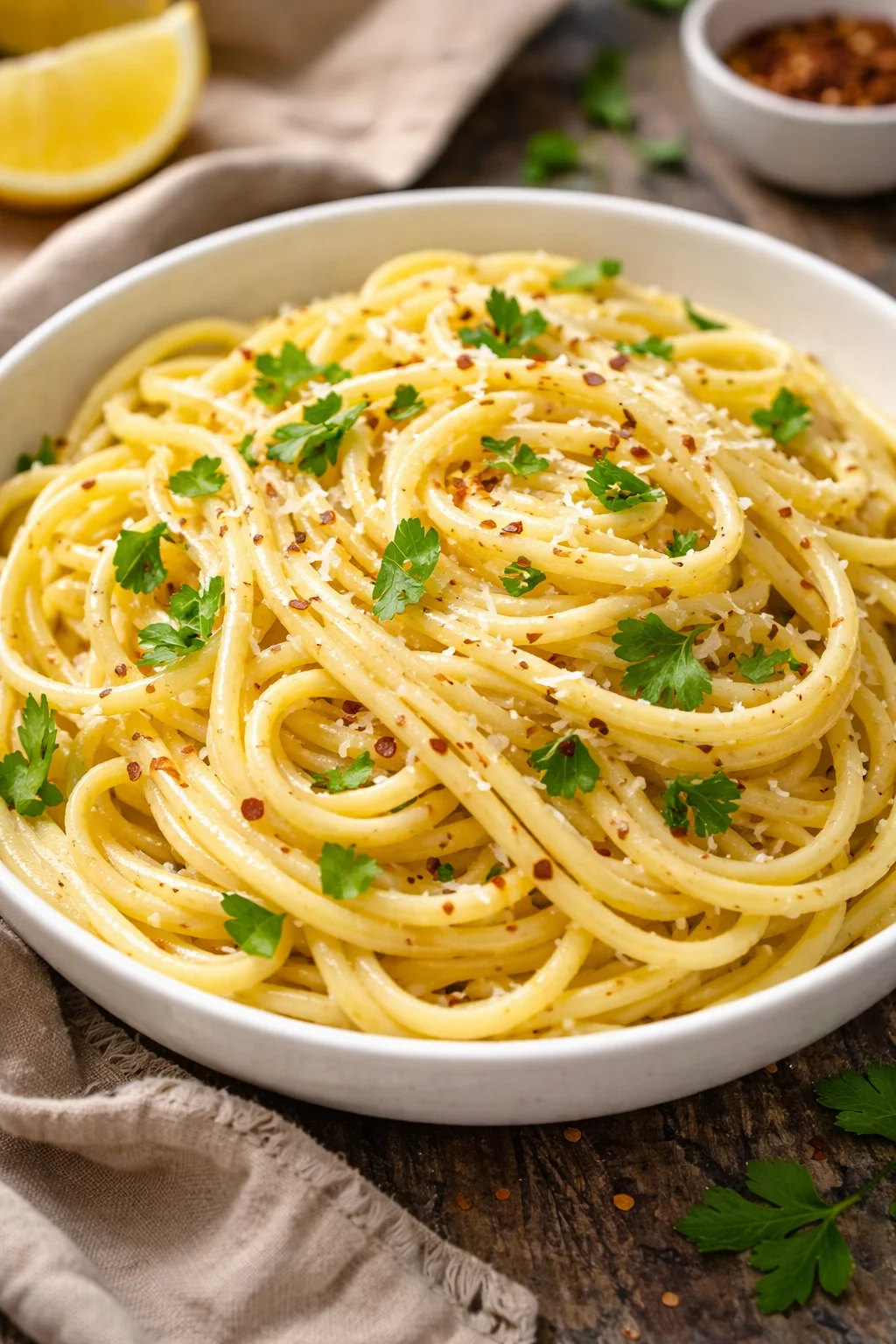Lemon pasta with butter garlic sauce in a bowl garnished with herbs