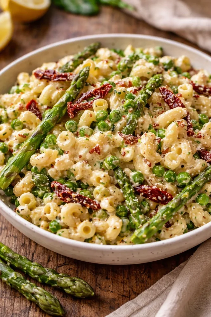 Lemon-Dijon Asparagus and Pea Macaroni Salad served in a bowl