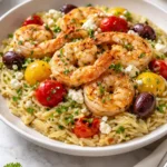 Lemon Feta Orzo Shrimp served on a plate with herbs and lemon slices