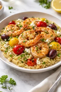 Lemon Feta Orzo Shrimp served on a plate with herbs and lemon slices