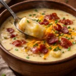 A bowl of loaded baked potato soup topped with cheese, bacon, and green onions