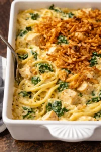 Delicious Monterey Chicken Casserole served in a baking dish