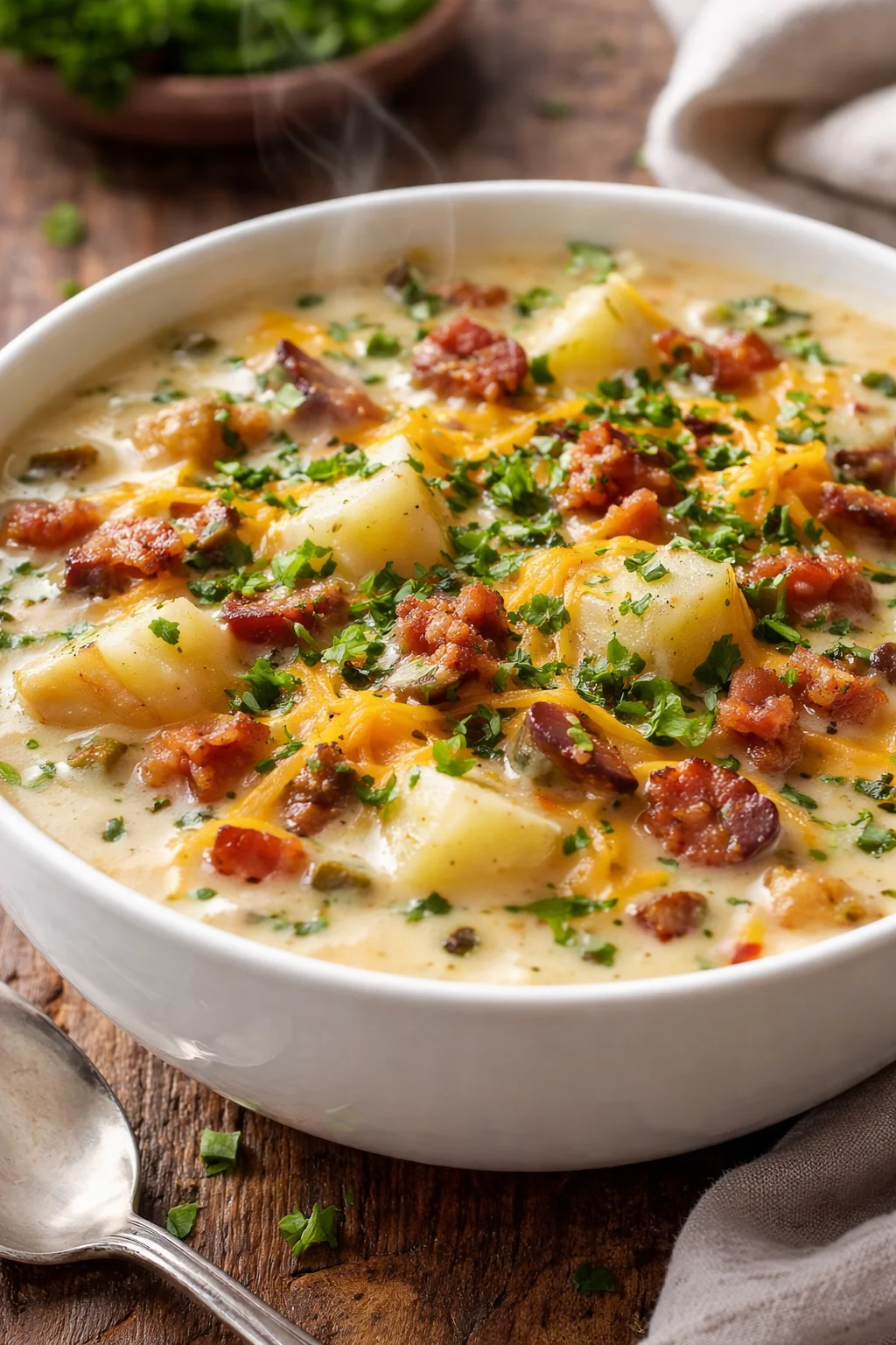 Bowl of O’Charley’s loaded potato soup with toppings